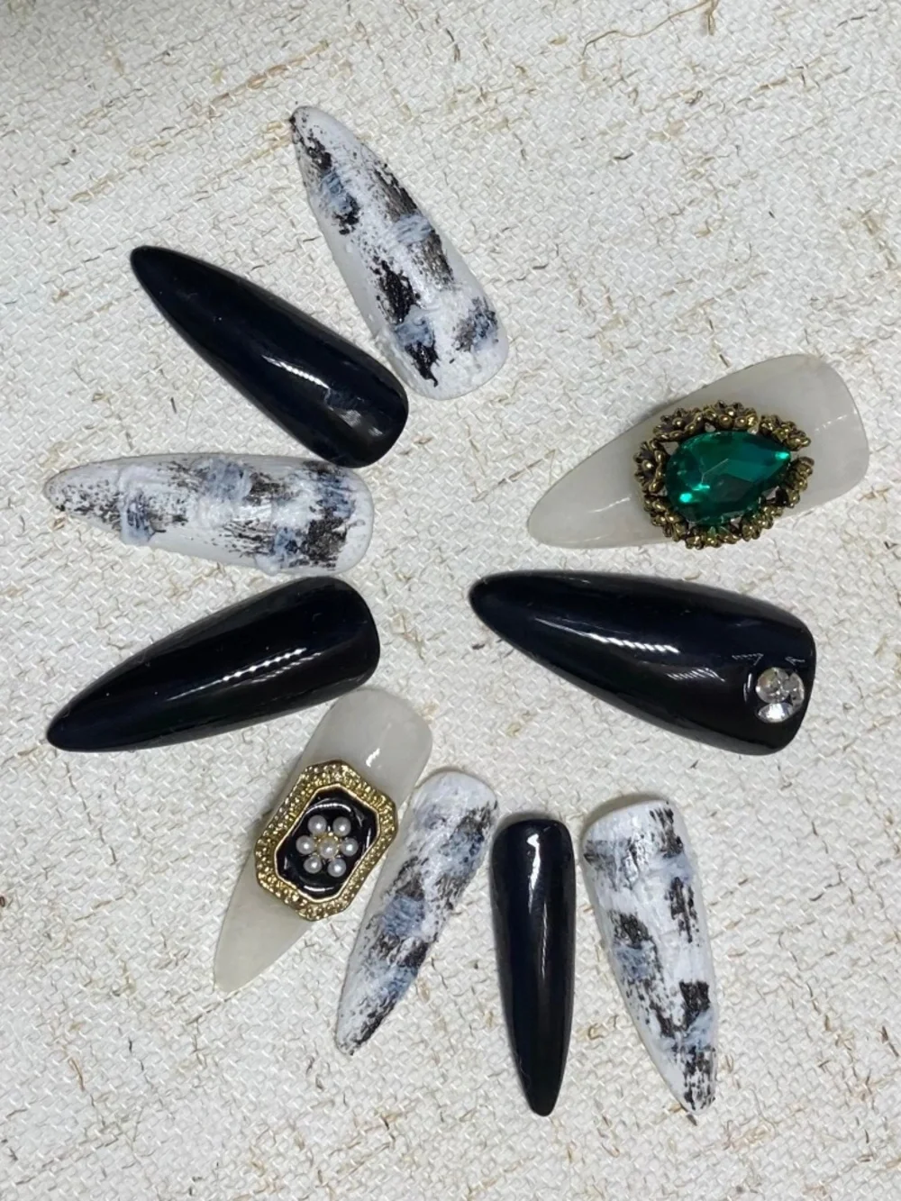 Black & White Marble Press-On Nail Set with Gold and Emerald Accents